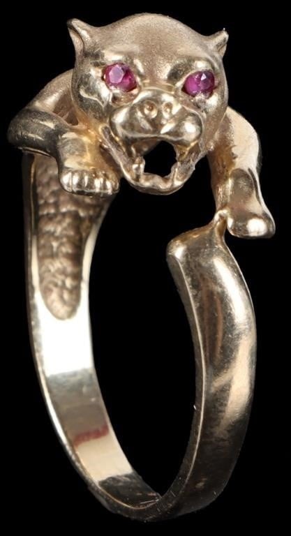 10K YELLOW GOLD LEAPING PANTHER MENS RING W/ TOPAZ: 10k yellow gold mens ring sculpted in the shape of a leaping panther with small rose topaz gemstones set into its eyes.Stone Type: TopazWeight: 4.56 gramsSize: US 9Condition: See pictures.