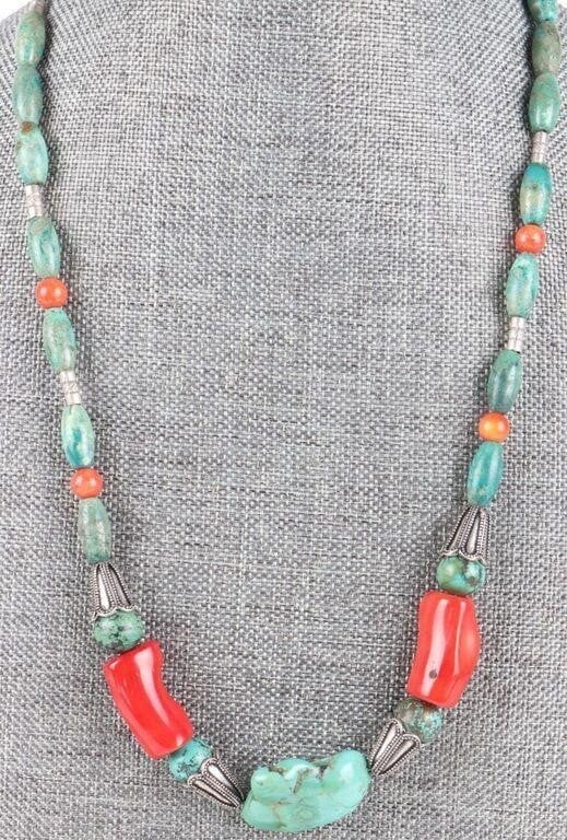 0.925 SILVER SOUTHWESTERN TURQUOISE CORAL NECKLACE: Sterling silver southwestern turquoise coral ladies necklace.Stone Type: AssortedWeight: 38.30 GramsSize: 19.50"Condition: Little to no wear, see images for details.