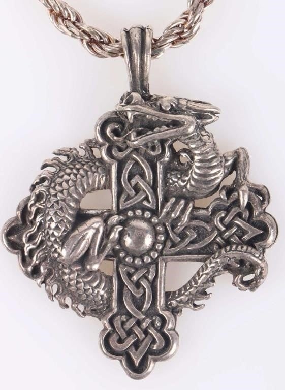 STERLING SILVER SERPENT CROSS ROPE CHAIN NECKLACE: Sterling silver serpent cross pendant rope chain necklace.Weight: 32.32 GramsSize: 20.00"Condition: Very fine.