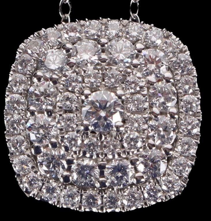 1.5CTW LAB GROWN DIAMONDS 14K WHITE GOLD NECKLACE: 14k white gold ladies necklace with a square-shaped pendant studded with lab-grown round-cut diamonds, to include a 0.1ct center stone surrounded by twelve 0.02ct diamonds in turn surrounded by