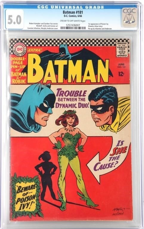 BATMAN #181 1ST APP OF POISON IVY & PIN-UP CGC 5.0: Batman #181 DC comic CGC 5.0 featuring the 1st appearance of Poison Ivy and a Pin-up by Infantino and Anderson.Condition: CGC 5.0 Cream to Off-White Pages. Comic books DC Silver Age (1956-1970)