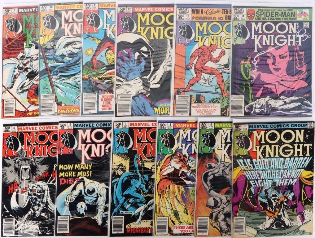 MOON KNIGHT 12 VINTAGE ISSUES MARVEL COMICS: Lot of 12 issues of the original solo run of Moon Knight, to include issue #2-3 and 5-14 (first appearance of Stained Glass Scarlet).Condition: Very fine, individually bagged. Comic books Marvel