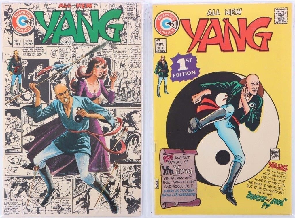 CHARLTON YANG ISSUES 1 & 9 SILVER AGE: Charlton's Yang issues # 1 and 9 from the Silver Age. This comic, along with similar ones like Iron Fist and Chang Chi, are outgrowths of the Kung-Fu craze of the early 1970's.Condition: See images