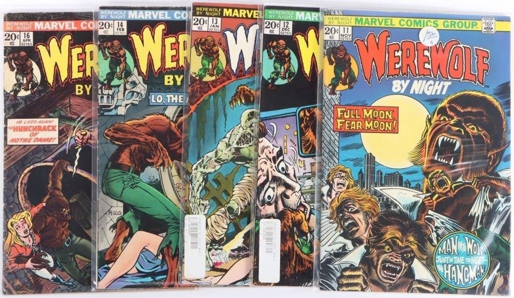 WEREWOLF BY NIGHT #11, 12, 13, 14, & 16 MARVEL: Werewolf By Night #11, 12, 13, 14, & 16. Published by Marvel Comics in 1974.Condition: Very fine. Please refer to images. Comic books Marvel Bronze Age (1970-1985) Raw Book(s)