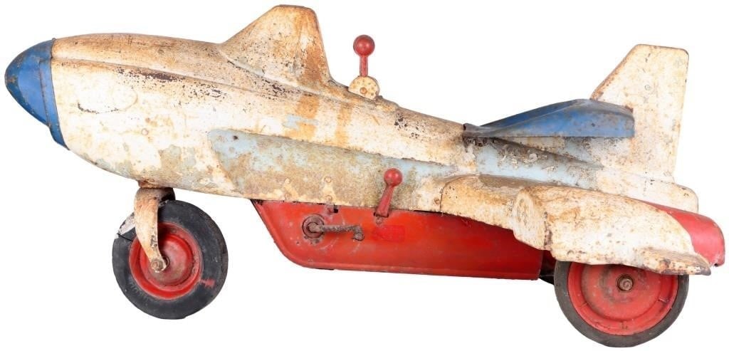 1950S MURRAY ATOMIC MISSILE PEDAL CAR OG CONDITION: Vintage Murray Atomic Missile/ Super Sonic Jet in original condition. 46 x 24 x 8". HEAVY.Condition: Missing steering wheel, shift stick, and pedals, tires are dried out, paint is flaking, see