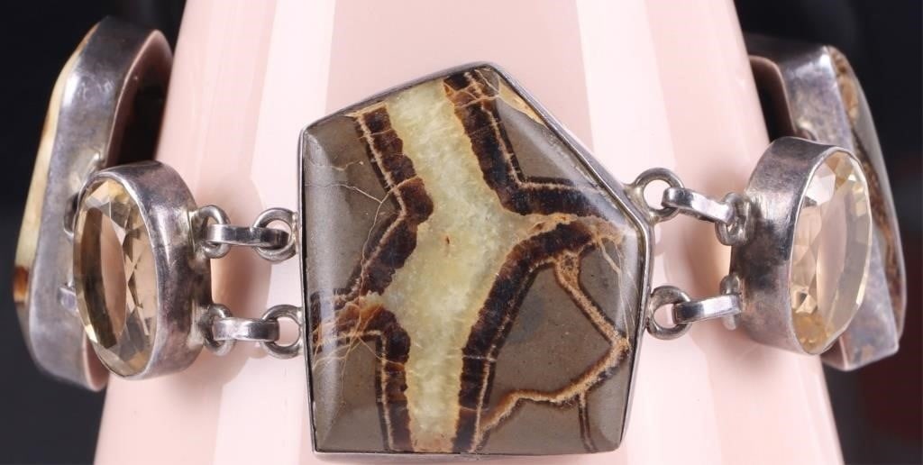 SEPTARIAN & CITRINE STERLING SILVER BRACELET: Sterling silver natural Septarian stone and gem quality citrine unisex bracelet. Each giant citrine measures 20mm in length!Stone Type: CitrineSize: 8.5" lengthCondition: Fine