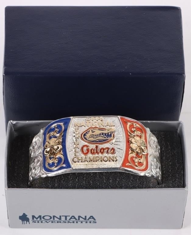 2008 FLORIDA GATORS NFC SILVER PLATE CUFF BRACELET: 2008 Florida Gators National Football Champion Montana Silversmith silver plated ladies cuff bracelet.Weight: 61.83 GramsSize: 6.75"Condition: Very fine.