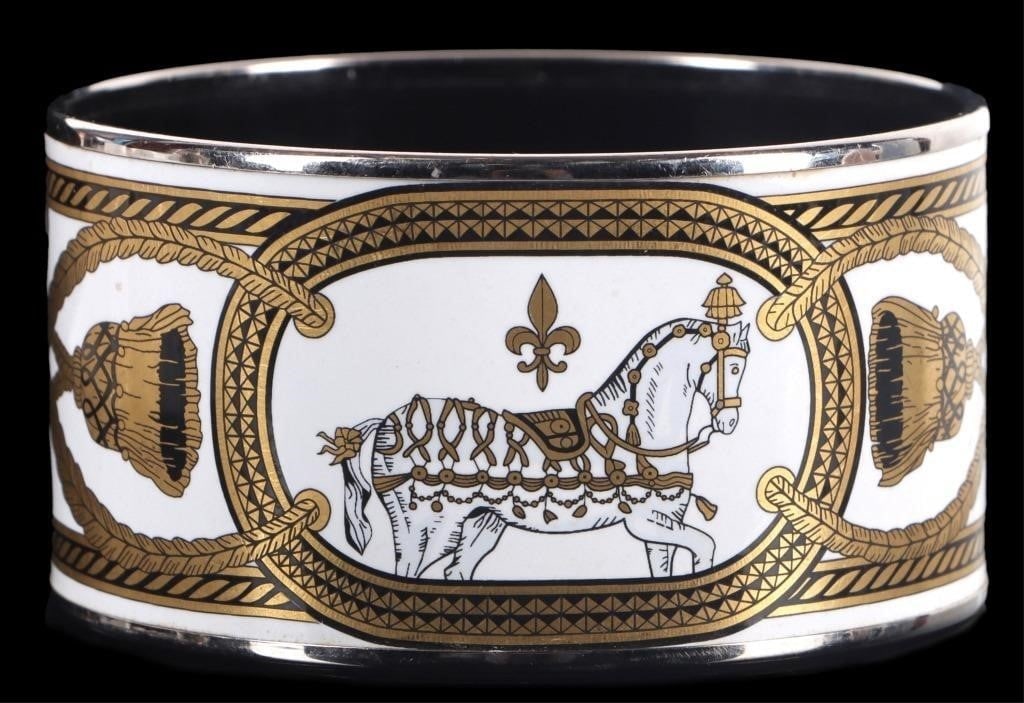HERMES ENAMEL GRAND APPARAT GM 70 XL WIDE BANGLE: Hermes Enamel Grand Apparat GM 70 XL wide bangle black white and gold.Weight: 75.00 GramsSize: 9.00"Condition: Little to no wear, see images for details.
