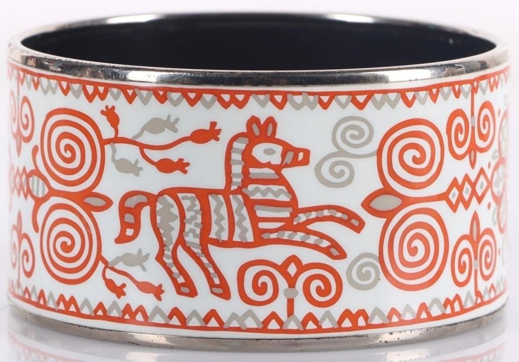 HERMES ENAMEL ORANGE WHITE BLACK XL WIDE BANGLE: Hermes Enamel orange white and black XL wide palladium plated bangle.Weight: 80.60 GramsSize: 9.00"Condition: Little wear, see images for details.