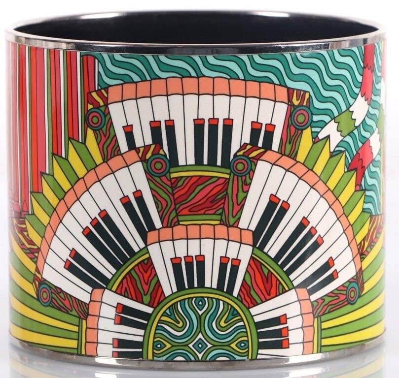 HERMES POINT D'ORGUE HUGE XL BANGLE PALLADIUM: Hermes Point d'Orgue huge XL ladies enameled bangle with palladium plating about the rims.Size: 70 mm diameter; 59 mm heightCondition: See pictures.