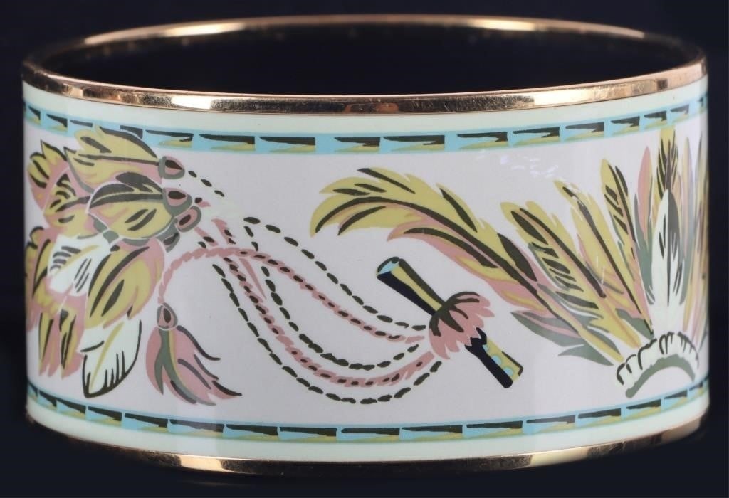 HERMES MARDI GRAS LARGE BRACELET PALLADIUM: Hermes Mardi Gras large enameled bracelet with palladium plating about the rims.Size: 70 mm diameter; 38.5 mm heightCondition: See pictures.