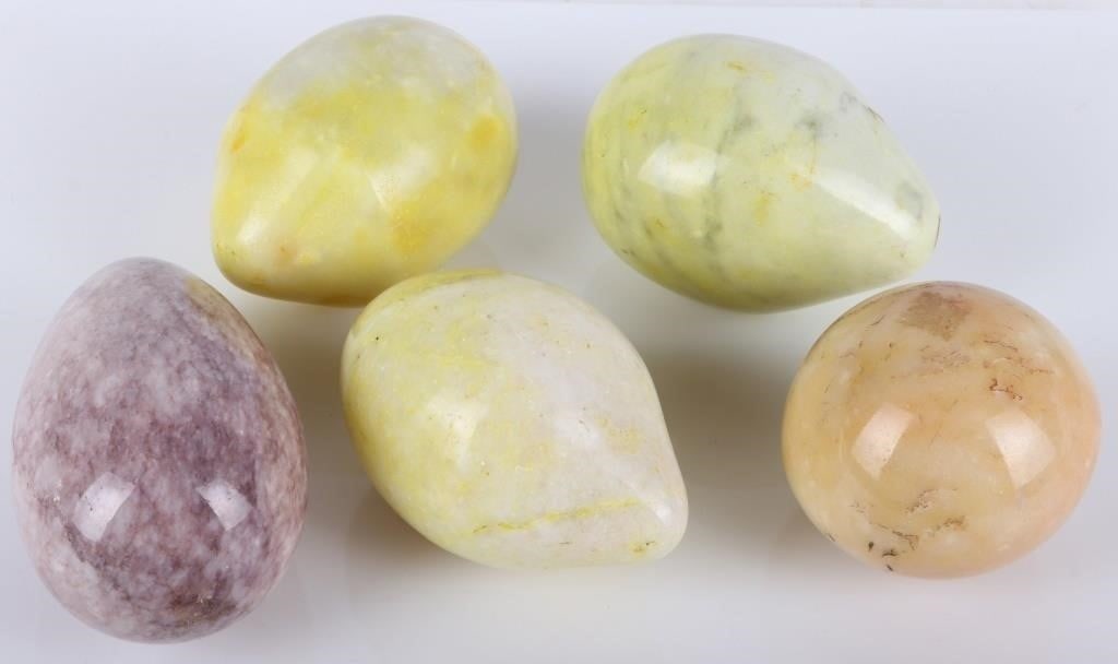 ALABASTER MARBLE LEMONS PERSIMMON PEAR (5): Alabaster marble bowl fillers includes three lemons, one purple pear, and one persimmon.Size: 5" tall purple pearCondition: Very fine, slight chipping on the leaves of the persimmon and the stem on