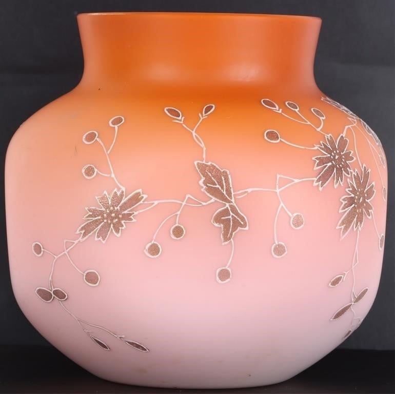 ART GLASS TAN TO ORANGE FLOWERING VINE VASE (1 of 7)