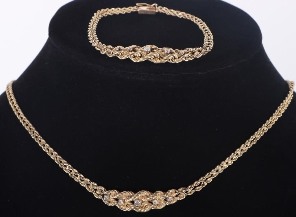 14K Y GOLD BRAIDED CHAIN NECKLACE & BRACELET W DIA (1 of 8)
