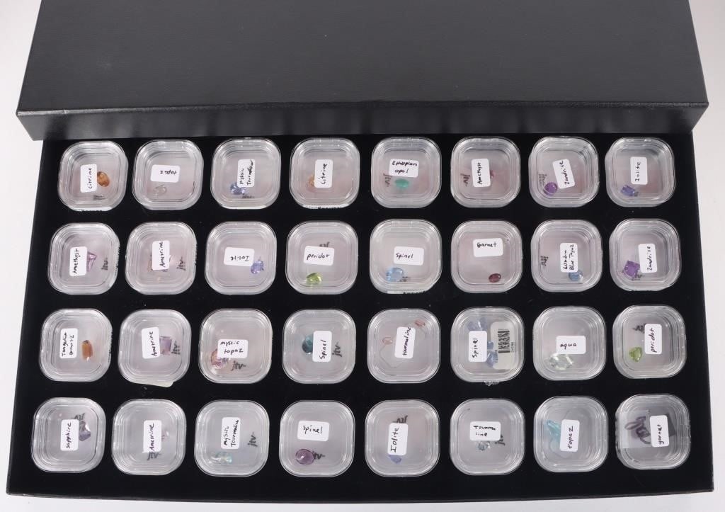 ASSORTED SEMI-PRECIOUS LOOSE GEMSTONES LOT OF 32: Assorted semi-precious loose gemstones lot of 32 to include highlights of London Blue topaz, tangerine quart, amethyst, ametrine, mystic topaz and more. All stones tested based on their thermal