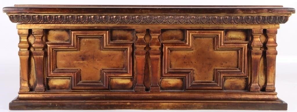 ANTIQUE ORNATE WOODEN FLATWARE CHEST: Antique ornate wooden flatware chest with gold-guilded brush paint. a red-painted interior. Felt-lined layers with dust bags and cloths for silver storage.Size: 26 X 14 X 9.5"Condition: Very fine.