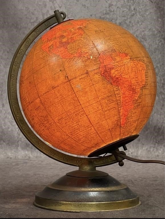 VINTAGE 1950'S REPLOGLE 8' GLASS GLOBE LIGHT: 1950s Replogle Illuminated lighted World Globe is a vintage original piece from the mid-20th century. This 8-inch globe, published by Replogle in the United States, features a multi-color design and