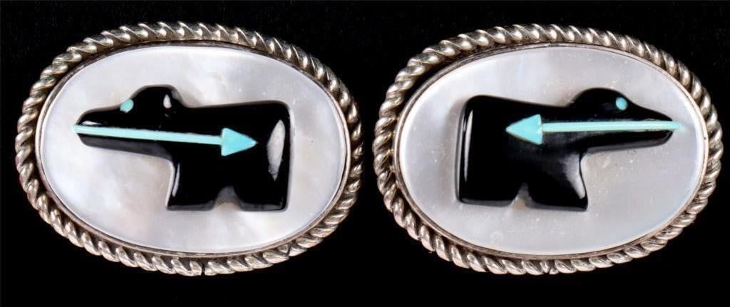 0.925 STU NATACHU SIGNED ANIMAL CARVING EARRINGS: Vintage Native American sterling silver Stu Natachu signed animal carving clip on ladies earrings. Gemstones to include mother of pearl, turquoise and jet.Stone Type: AssortedWeight: 12.22 GramsSize: