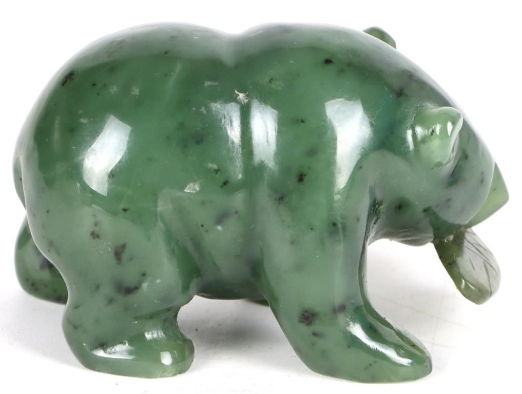 NEPHRITE JADE GRIZZLY BEAR EATING SALMON STATUE: Nephrite jade grizzly bear eating a salmon statue.Size: 2.00" X 1.25"Condition: Little to no wear, see images for details.