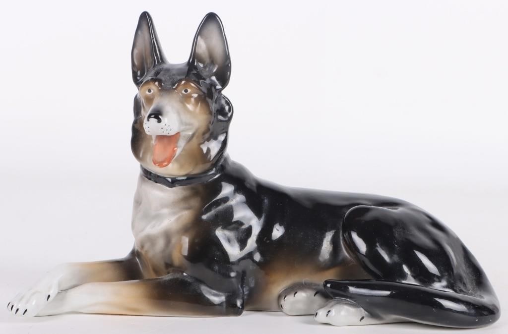 L. HANDGEMALT PORCELAIN GERMAN SHEPARD STATUE (1 of 4)