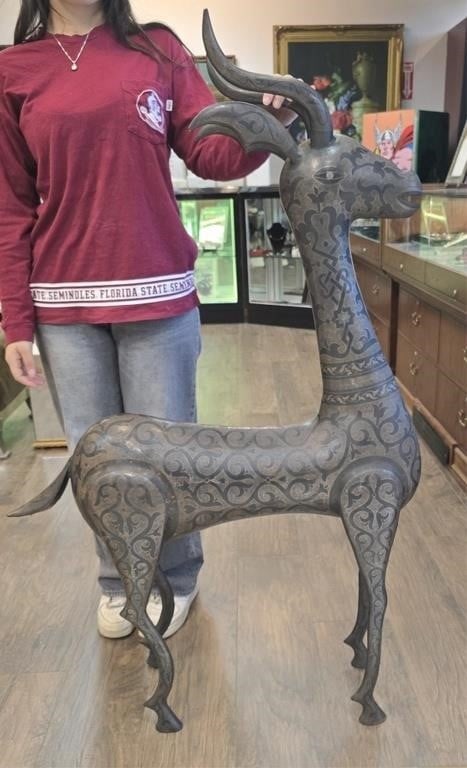 19TH C. SILVER INLAY OVER BRONZE PE QAJAR GAZELLE: Qajar dynasty (1789-1925) 19th century Silver inlay over bronze Persian 51" TALL gazelle statue. Gazelle has very detailed etchings all over the statue.Size: 51" x 32"Condition: See pictures.