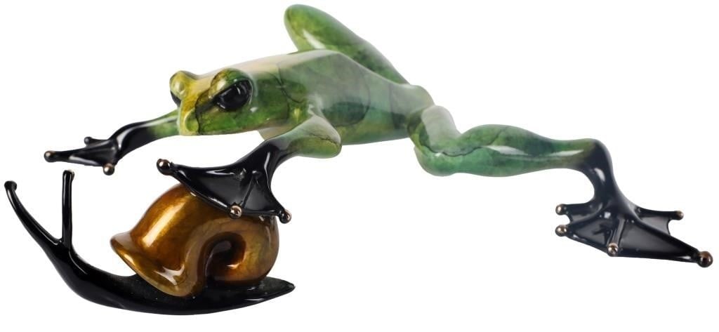 POND PALS TIM COTTERILL FROGMAN BRONZE SCULPTURE: "Pond Pals", a bronze sculpture by Tim Cotterill. This piece depicts a frog pawing (flippering?) at a snail which looks back at it. The signature "Frogman" is written on one of its thighs and "Tim 507