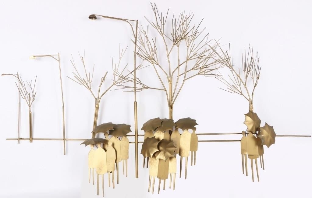 VINTAGE CURTIS JER?‰ RAINY DAY METAL WALL SCULPTURE: Vintage Curtis Jer?© signed metal wall sculpture. Titled "Rainy Day", the piece depicts a mildly abstracted scene of pedestrians holding umbrellas beneath lampposts and dormant trees.Curtis Jer?© is