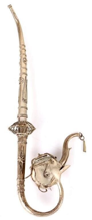 VINTAGE SOUTH ASIAN OPIUM ELEPHANT PIPE: Vintage South Asian opium elephant pipe. Pipe is made of paktong (Nickel-silver). It is likely from the 20th century.Size: 12.5" LengthCondition: Wear commensurate with age. See images for complete co