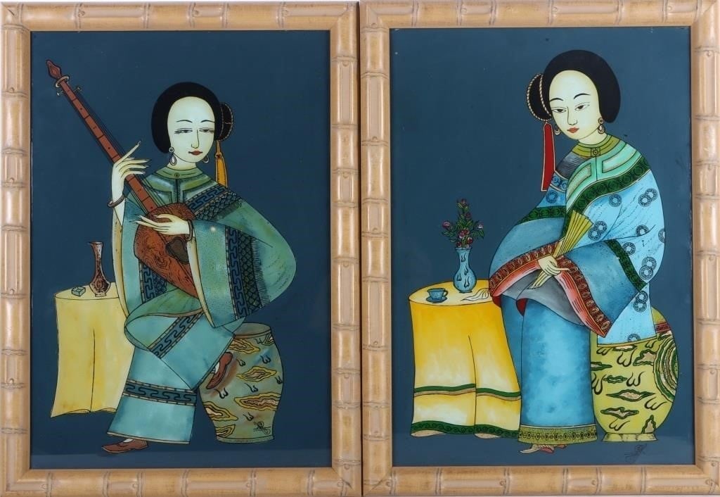 19TH C. CHINESE SCHOOL REVESE PAINTING PAIR: 19th C. Chinese school reverse painting original pair. This pair of delicately reverse paintings depict one woman playing an instrument and another posing with a fan, both displaying traditional Chine