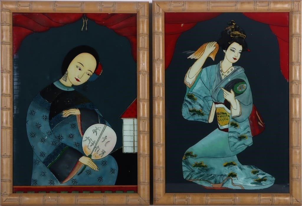 19TH C. CHINESE SCHOOL REVESE PAINTING PAIR: 19th C. Chinese school reverse painting original pair. This pair of delicately reverse paintings depict two posing women holding fans, both displaying traditional Chinese elements.Size: 21.5" X 15.5"C