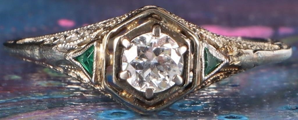 18K WHITE GOLD NATURAL DIAMOND FILIGREE RING: 18K white gold natural diamond filigree art deco ladies ring. Gemstones to include one 0.33ct round cut natural diamond. Diamond tested natural via Gemlogis short wave UV fluorescence.Stone Type: Diam