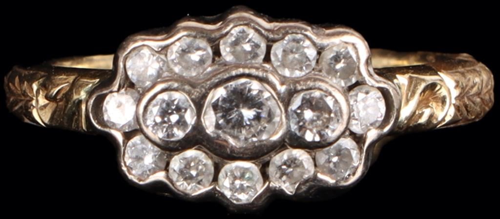 18K YELLOW GOLD DIAMOND CLUSTER LADIES RING: 18K yellow gold diamond cluster ladies ring. Gemstones to include 0.07ct round cut natural diamond, two 0.03ct round cut natural diamonds, and twelve 0.02ct round cut diamonds. Diamonds tested natural