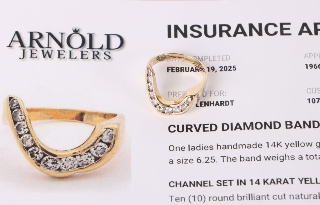 14K YELLOW GOLD LADIES RING W/ DIAMONDS IRREGULAR: 14k yellow gold ladies ring with ten round-cut diamonds (0.03ct - 0.071ct, 0.6ctw) lined along an irregular hook-shaped face. Includes an Arnold Jewelers insurance appraisal report.Stone Type: Diamond