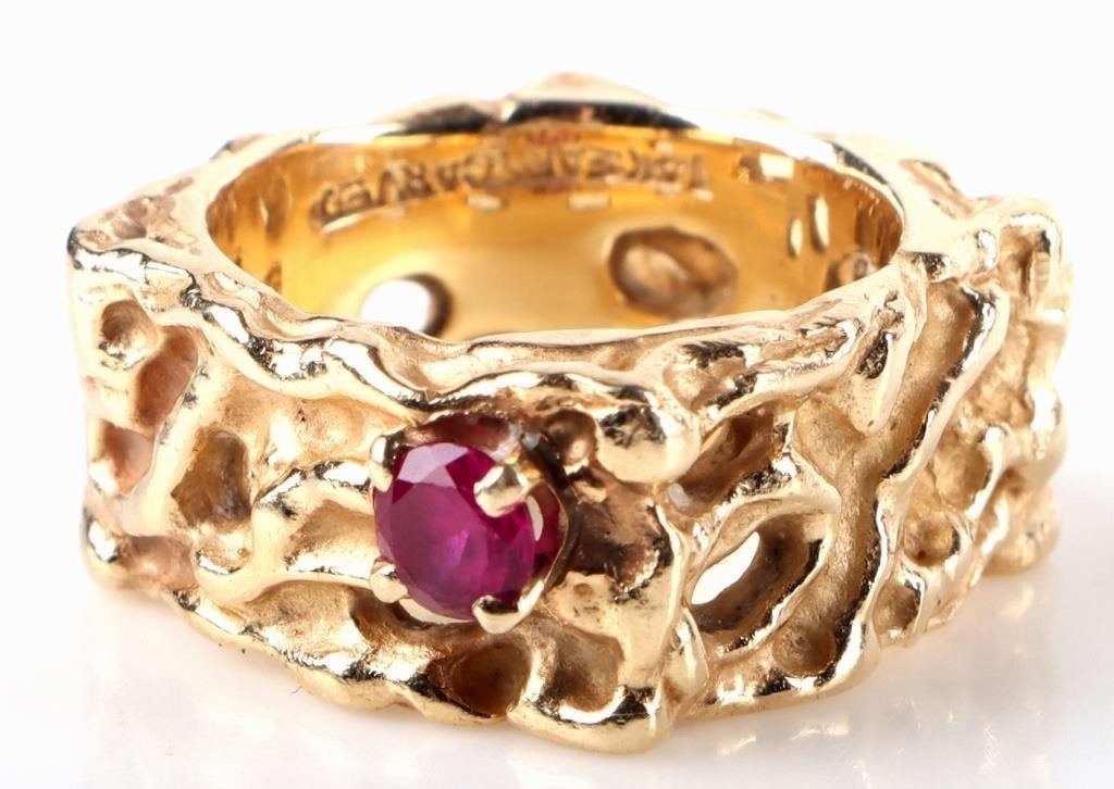 14K YELLOW GOLD BRUTALIST LADIES RING W .33CT RUBY (1 of 6)