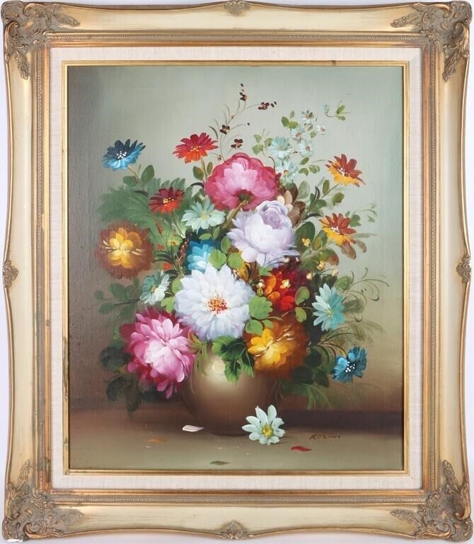 AFTER R ROSINI ORIGINAL STILL LIFE FLOWER PAINTING: After R. Rosini original still life flower oil painting. R. This piece is original, made after the time of Rosini. Rosini (1927, Italian) is an Italian painter known for his still lifes of flowers. Hi
