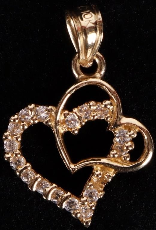 DAINTY 10K YELLOW GOLD DOUBLE OPEN HEART PENDANT: Dainty 10K yellow gold double open heart pendant. This pendant has an open heart design where two hearts are intertwined, symbolizing eternal love. One heart is polished yellow gold while the other