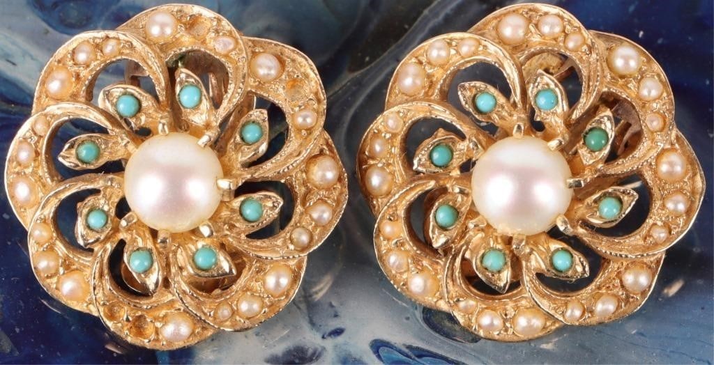 18K YELLOW GOLD LADIES EARRINGS W/ EMERALD & PEARL (1 of 3)