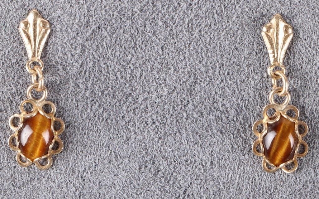 14K YELLOW GOLD LADIES EARRINGS W/ TIGERS EYE (1 of 2)