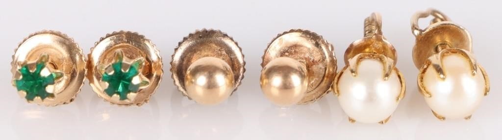 10K YELLOW GOLD STUD EARRINGS PEARL CHRYSOPRASE- 3: Lot of three pairs of 10k yellow gold stud earrings, to include one pair which each feature genuine white round pearls, a pair which each feature a small chrysoprase stone, and a pair which features a