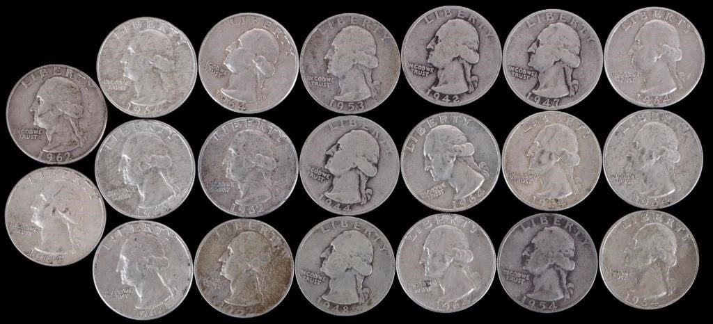 LOT OF TWENTY 90% SILVER WASHINGTON QUARTERS (1 of 4)