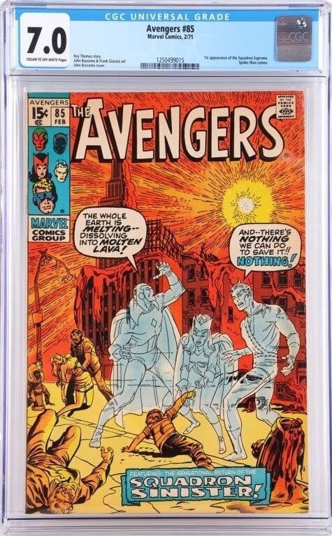 AVENGERS #85 CGC 7.0 1ST SQUADRON SUPREME APP.: Avengers #85 CGC 7.0. Published by Marvel Comics in 1971. To feature the first team appearance of the Squadron Supreme, a heroic version of the Squadron Sinister.Condition: CGC 7.0. Please refer to im
