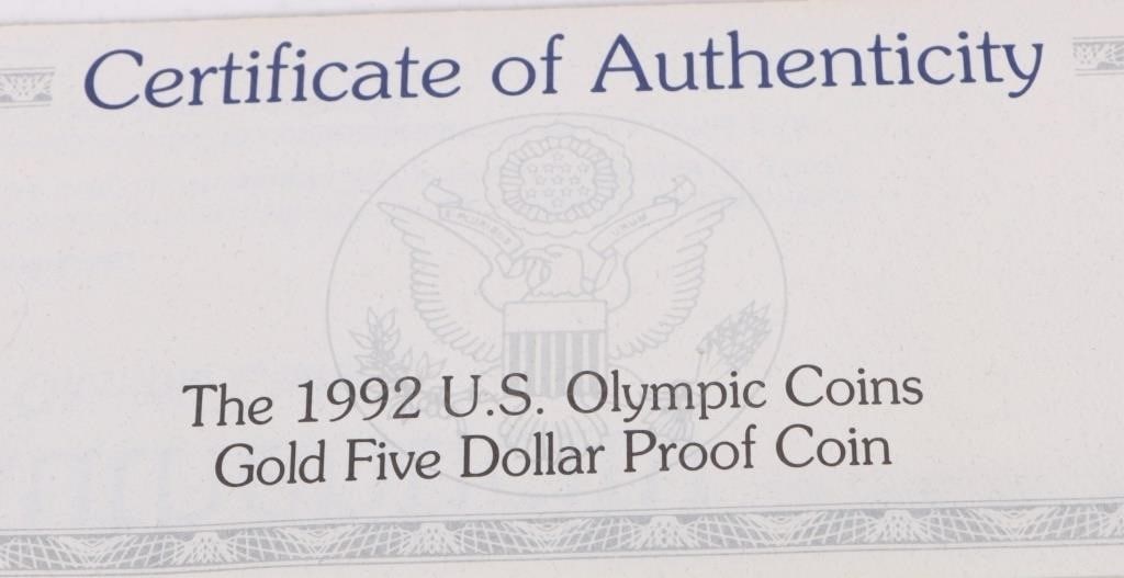 90% GOLD U.S 1992 W XXV OLYMPICS $5 PF COIN W/ COA - 3