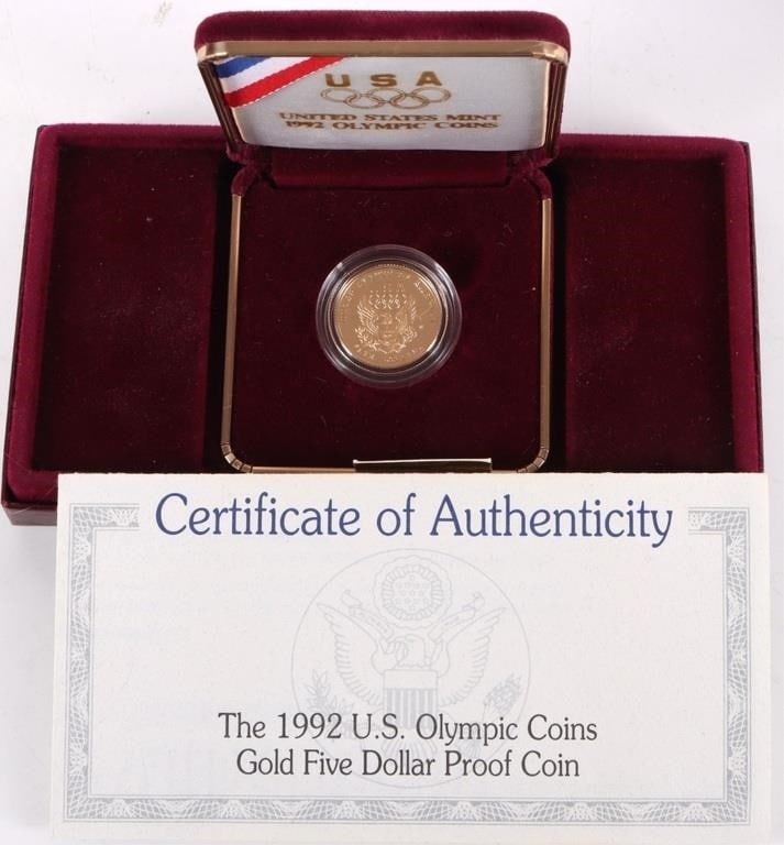 90% GOLD U.S 1992 W XXV OLYMPICS $5 PF COIN W/ COA - 5