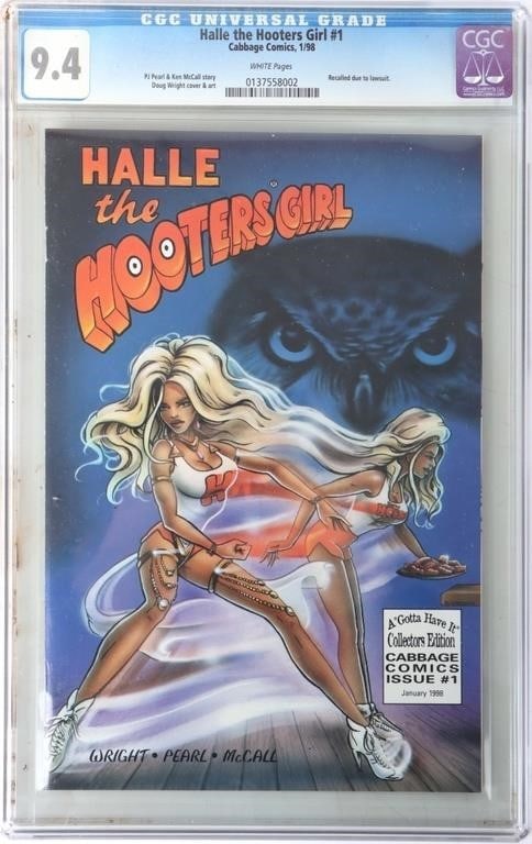 HALLE THE HOOTERS GIRL #1 CGC 9.4 RECALLED: Halle The Hooters Girl #1 CGC 9.4 Cabbage Comics. This unique comic was recalled due to a lawsuit since the comic was not published under consent of Hooters. Condition: CGC 9.4 White Pages. Comic book