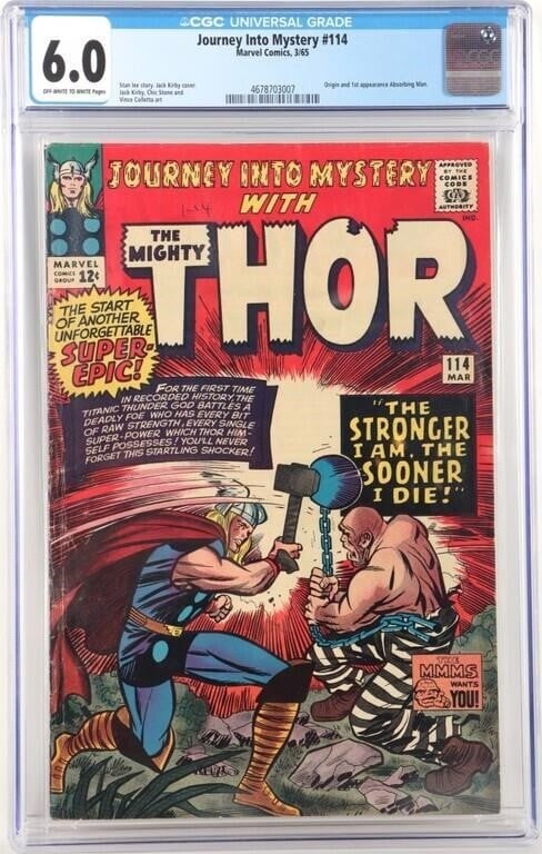 JOURNEY INTO MYSTERY #114 THOR 1ST ABSORBING CGC 6: Journey into Mystery #114, an early Thor comic. Features the first appearance and origin of the Absorbing Man. CGC 6.0 Condition: CGC 6.0 Comic books Marvel Silver Age (1956-1970) Graded and Slabbed