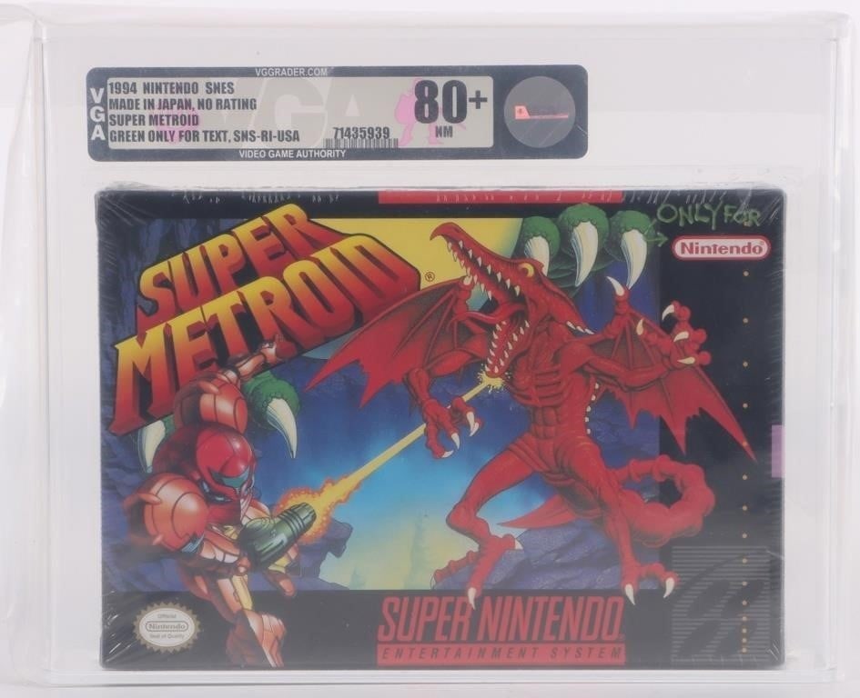 NM SUPER METROID NINTENDO SEALED BOX VGA 80+: Encased copy of Nintendo's Super Metroid for the SNES. VGA 80+ Near Mint graded. Size: 8.25 x 6.75 x 1.75" Condition: See pictures. Video-Games