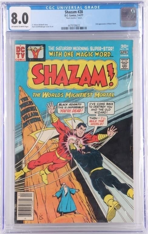 SHAZAM #28 CGC 8.0 2ND APP. OF BLACK ADAM: Shazam #28 CGC 8.0. Published by DC Comics in 1977. To feature the 2nd appearance of Black Adam.Condition: CGC 8.0. Please refer to images. Comic books DC Bronze Age (1970-1985) Graded and Slabbed