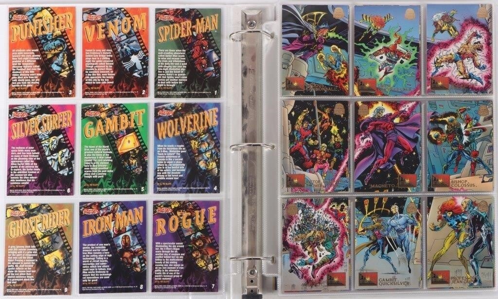 1994 MARVEL UNIVERSE FULL BASE HOLOS PWRBLST SA NM: Complete collection of 1994 Marvel Universe Fleer trading cards, to include the full base set (#1-100), all four Holo cards, all Nine Power blast cards, and all ten Suspended Animation cards. All