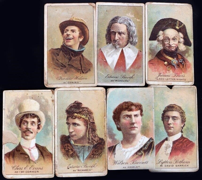 GOLD COIN CHEWING TOBACCO ACTOR CARDS LOT OF 7: Antique Gold Coin Chewing Tobacco actor cards. This lot includes James Lewis in Red Letter Nights, Edwin Booth as "Richelieu", Lytton Tothem as David Garrick,Wilson Barrett as Hamlet, Edwin Booth as