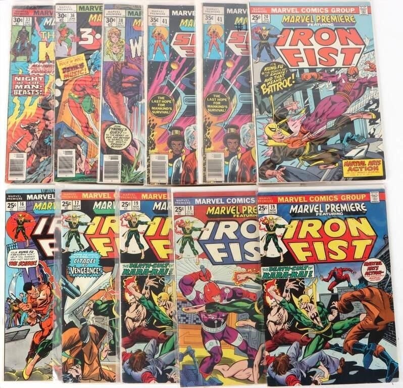 MARVEL PREMIERE 2ND APP IRON FIST 3D MAN (11): Lot of eleven Bronze Age Marvel Premiere comics, to include issues # 16 second appearance of Iron Fist, first appearance of Shou-Lao, Lei-Kung, Scythe, and Fu-Hsi), 17 (origin of Iron Fist), 18, 19 (f